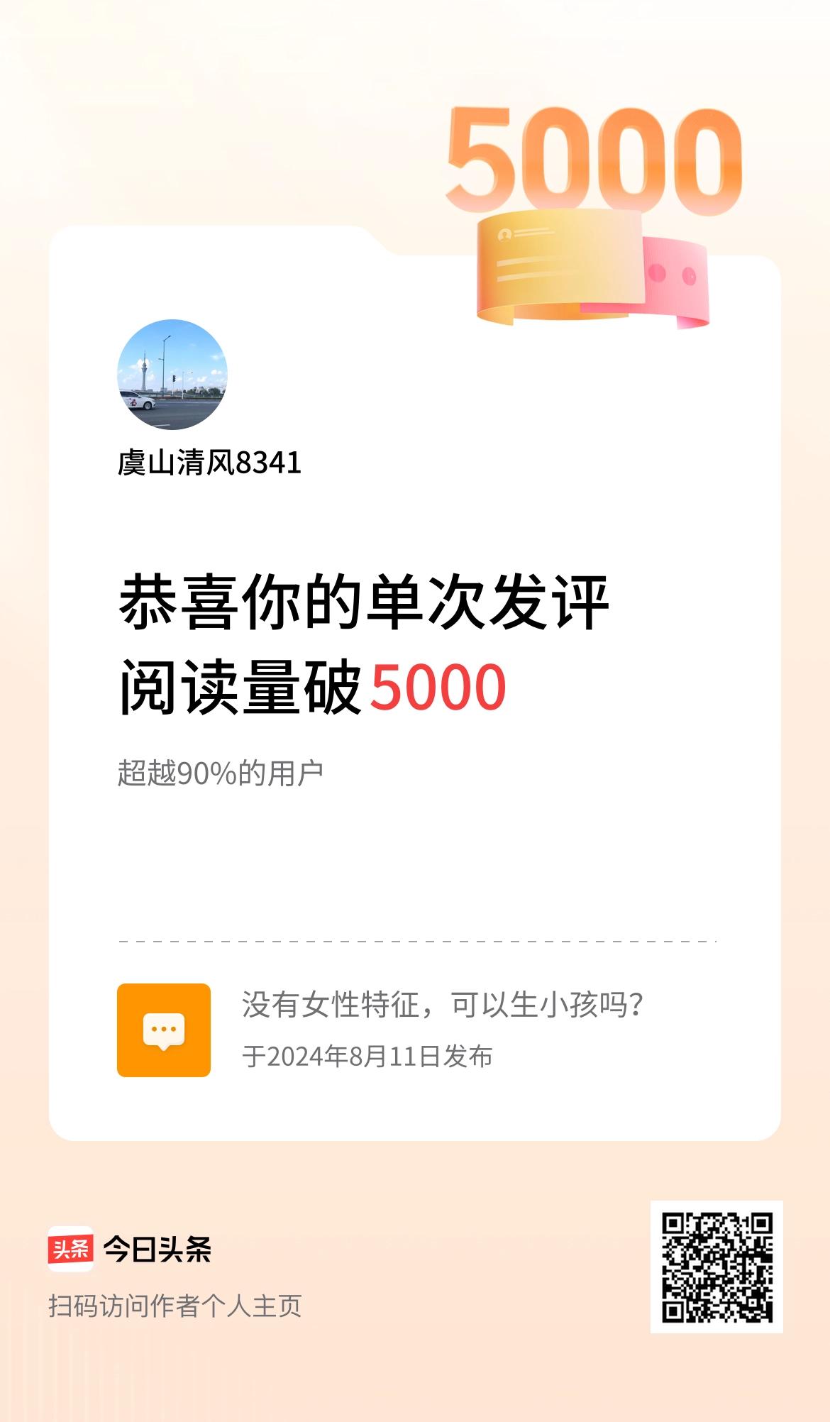 我在头条单次发评获阅读破5000次啦！