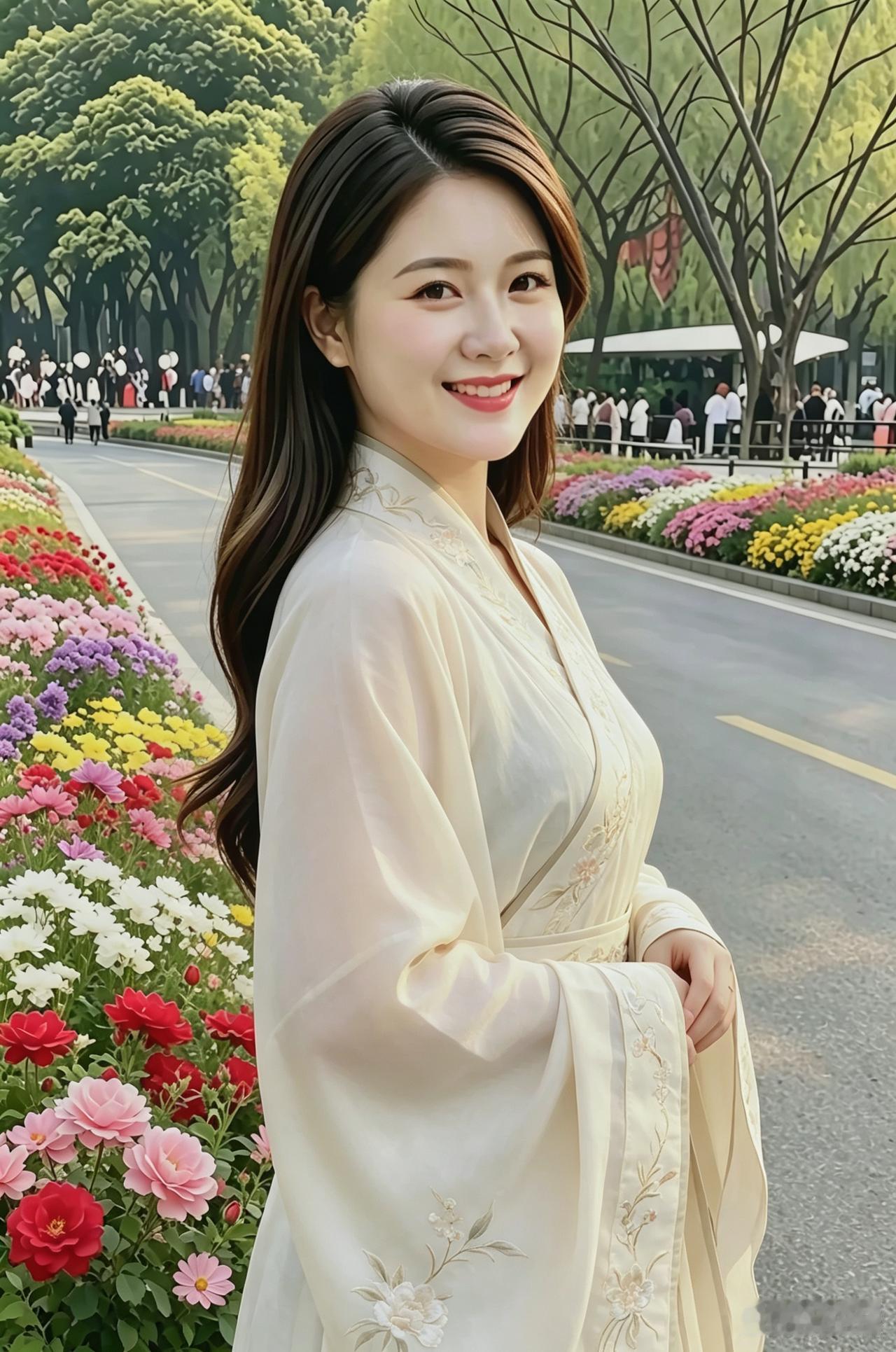 打油诗
园中繁花溢芬芳，
娇娥浅笑喜洋洋。
性本豁达心地善，
为人忠诚不张扬。