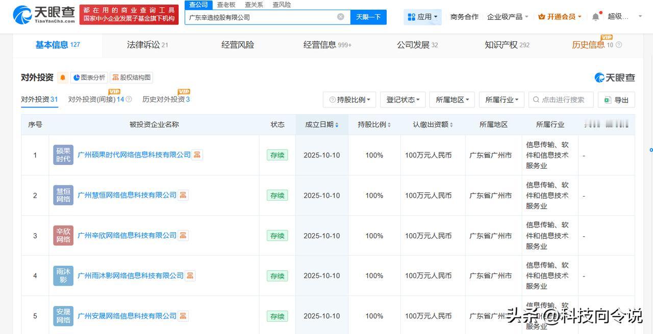 【辛选成立5家新公司 辛选同日成立5家新公司】
天眼查工商信息显示，近日，广州硕
