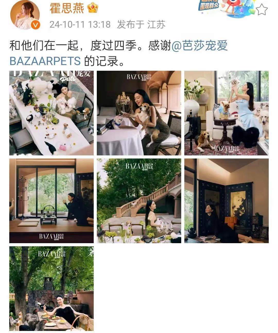 #霍思燕携10只狗8只鸡拍封面#10月11日，霍思燕晒她带着她的缩小版“动物园”