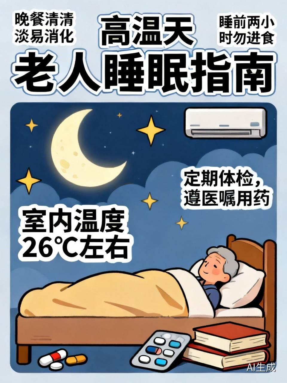 高温天里，老年人要保持良好睡眠可不容易。从生活习惯上，晚餐得清淡易消化，睡前两小