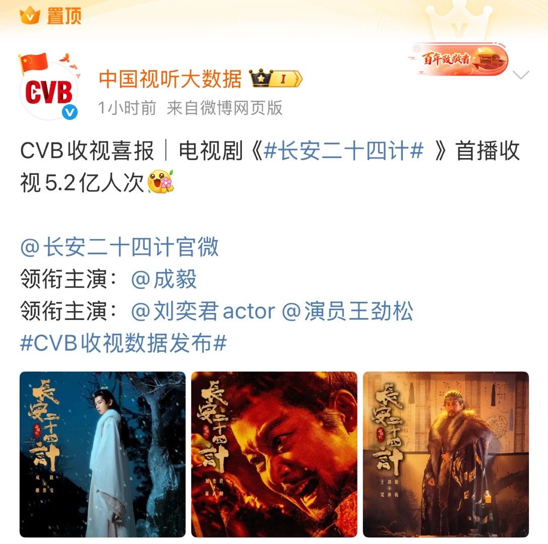 CVB官方置顶发布收视喜报：成毅长安二十四计首播收视5.2亿人次❗❗❗长安二十四