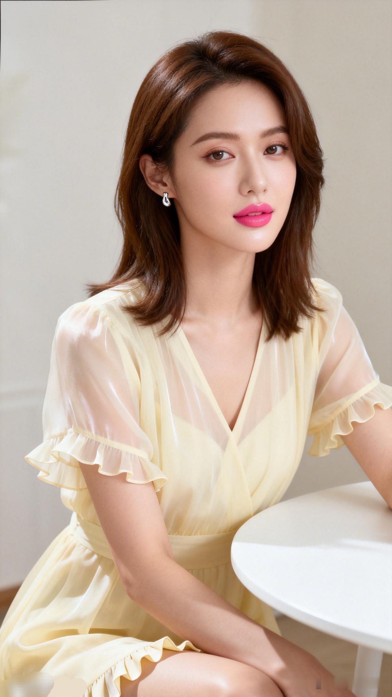 温柔甜美的黄色连衣裙，搭配粉色唇妆，尽显优雅气质！🌸💄👗