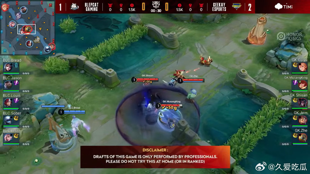 瓜友速报 海外联赛的导播很搞，开局放一个警告: 双边阵容只是给职业玩的，千万别在