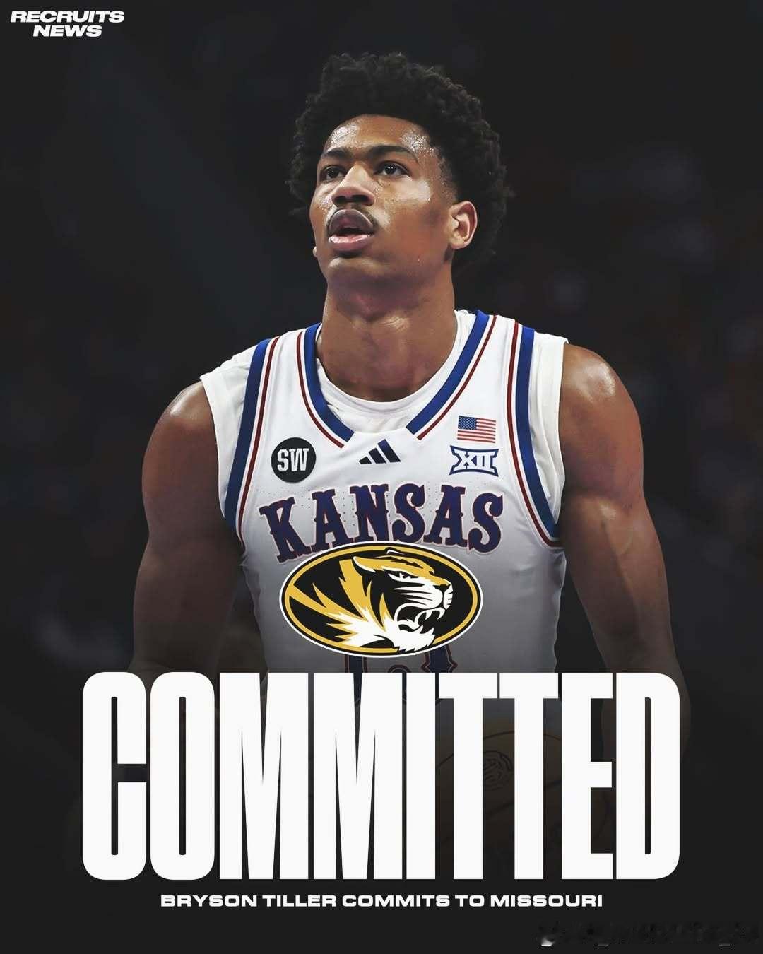 堪萨斯大学前锋布莱森·蒂勒(Bryson Tiller)转学加盟密苏里大学这位身