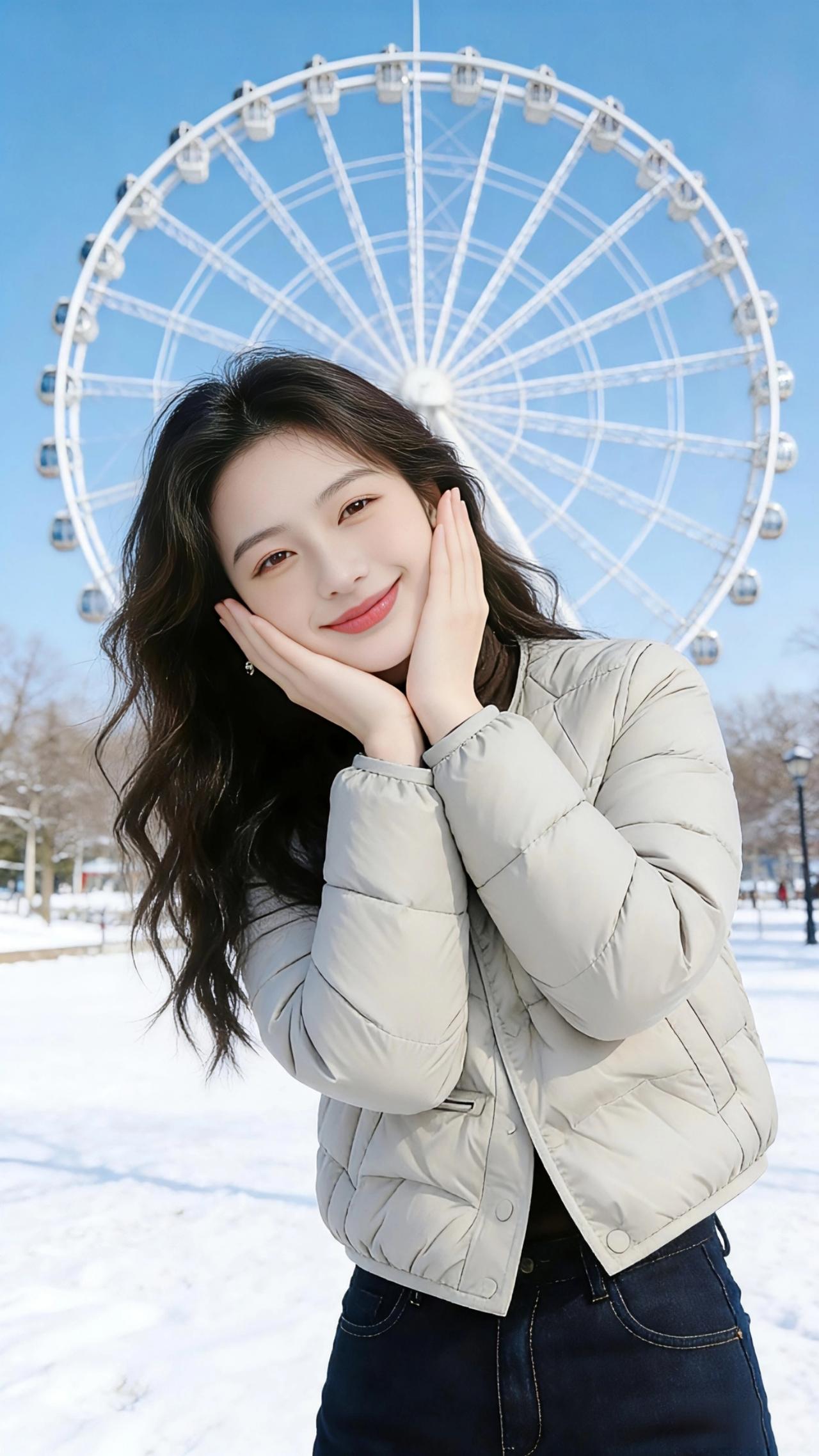 摩天轮下的雪色温柔
 
冬日的公园被白雪裹成了蓬松的棉花糖，纯白的摩天轮立在澄澈