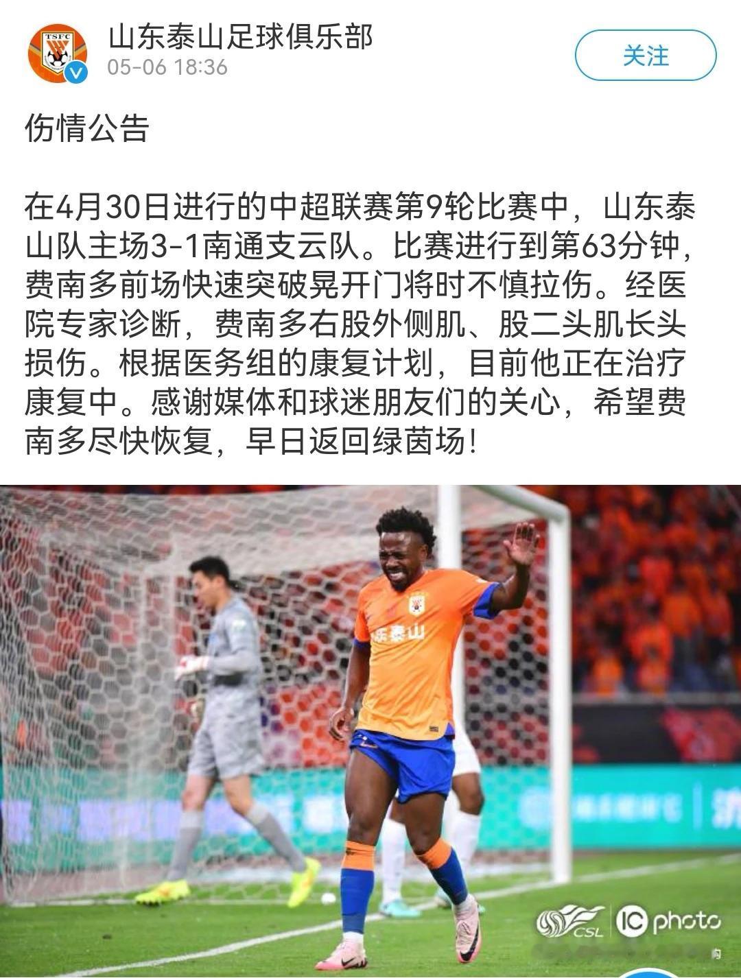 泰山队官方今天发布归化国脚费南多伤情公告，预计伤停一个月。
在4月30日进行的中