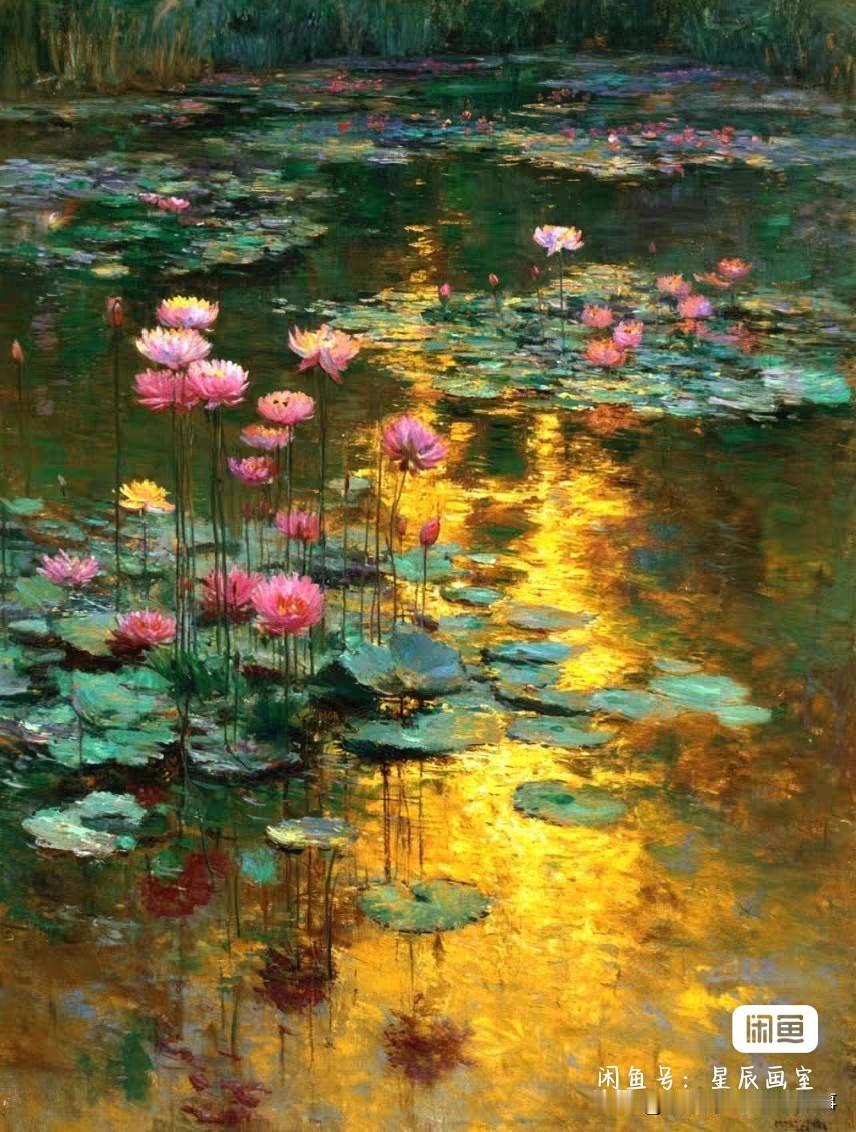 纯手绘油画来图定制睡莲池塘，色彩超美，画面有立体感，质感很棒！粉色睡莲+绿色荷叶