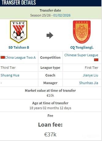 德转：重庆铜梁龙租借泰山后卫岳瑞杰的租借费约30万人民币！
30万大概率就是承担