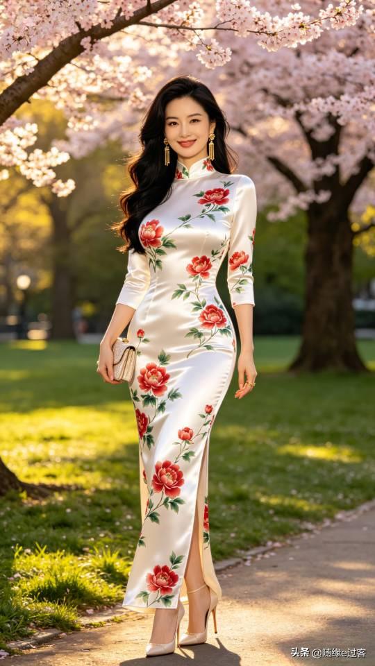 白色花旗袍美女森林公园里漫步。旗袍 旗袍美女 美女壁纸 高雅气质美女