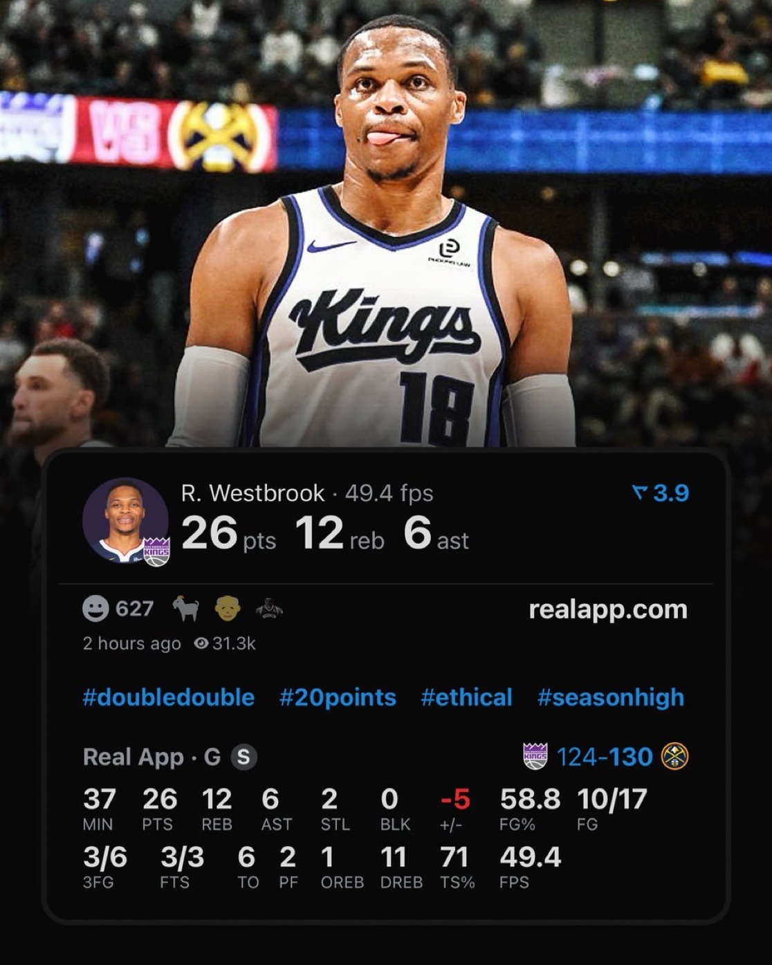 掘金战胜国王威少拿底薪干顶薪的活 拉塞尔·威斯布鲁克在单场得分超过25分、篮板超