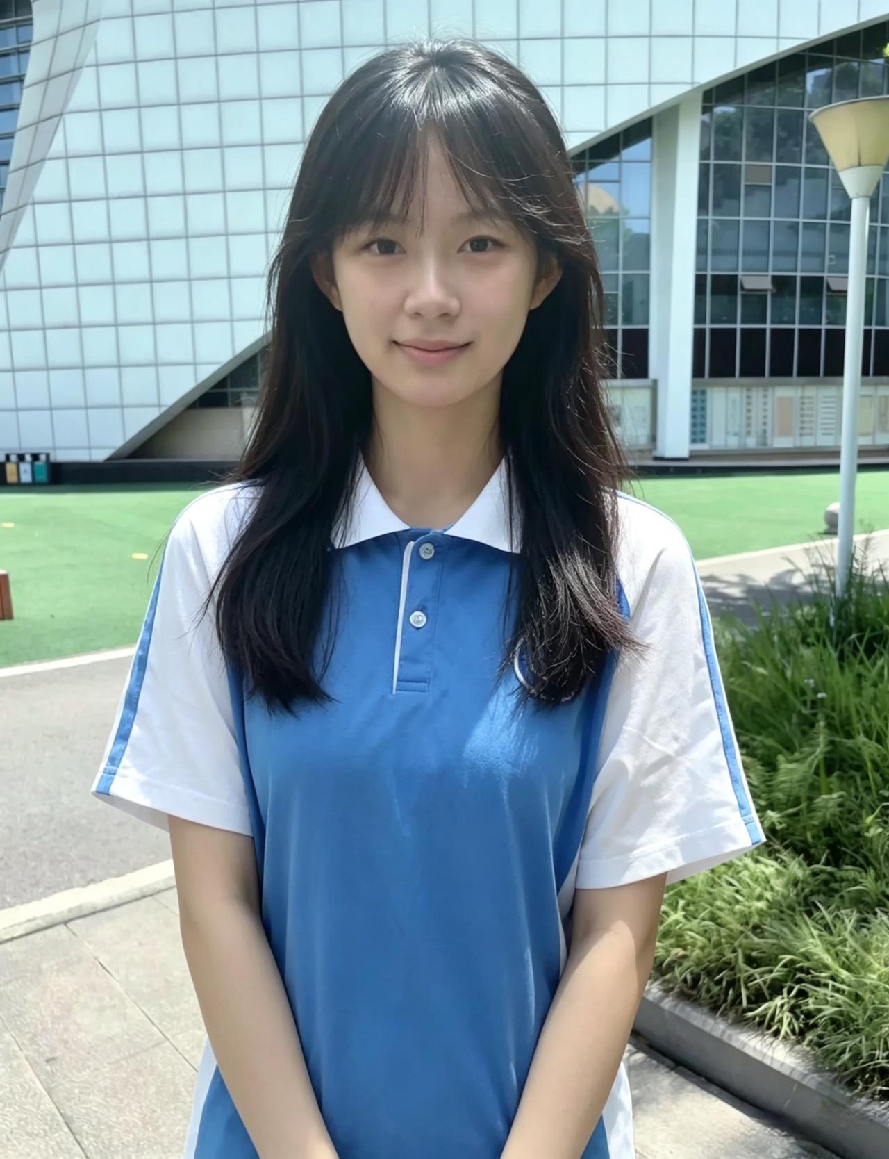 蓝白相间少年装，立处清风满学堂。
浅笑安然容色好，青春自带一身光。