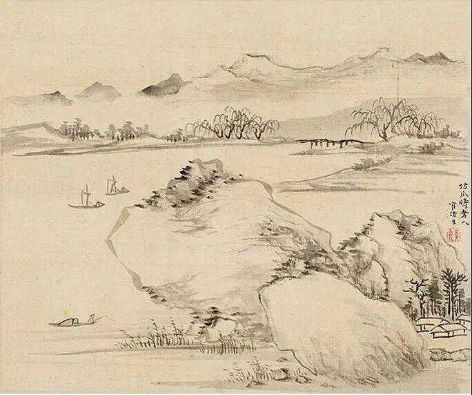 清 奚冈《山水廿四帧》，水墨绢本，尺寸23.5×28 cm，作于1787年。奚冈