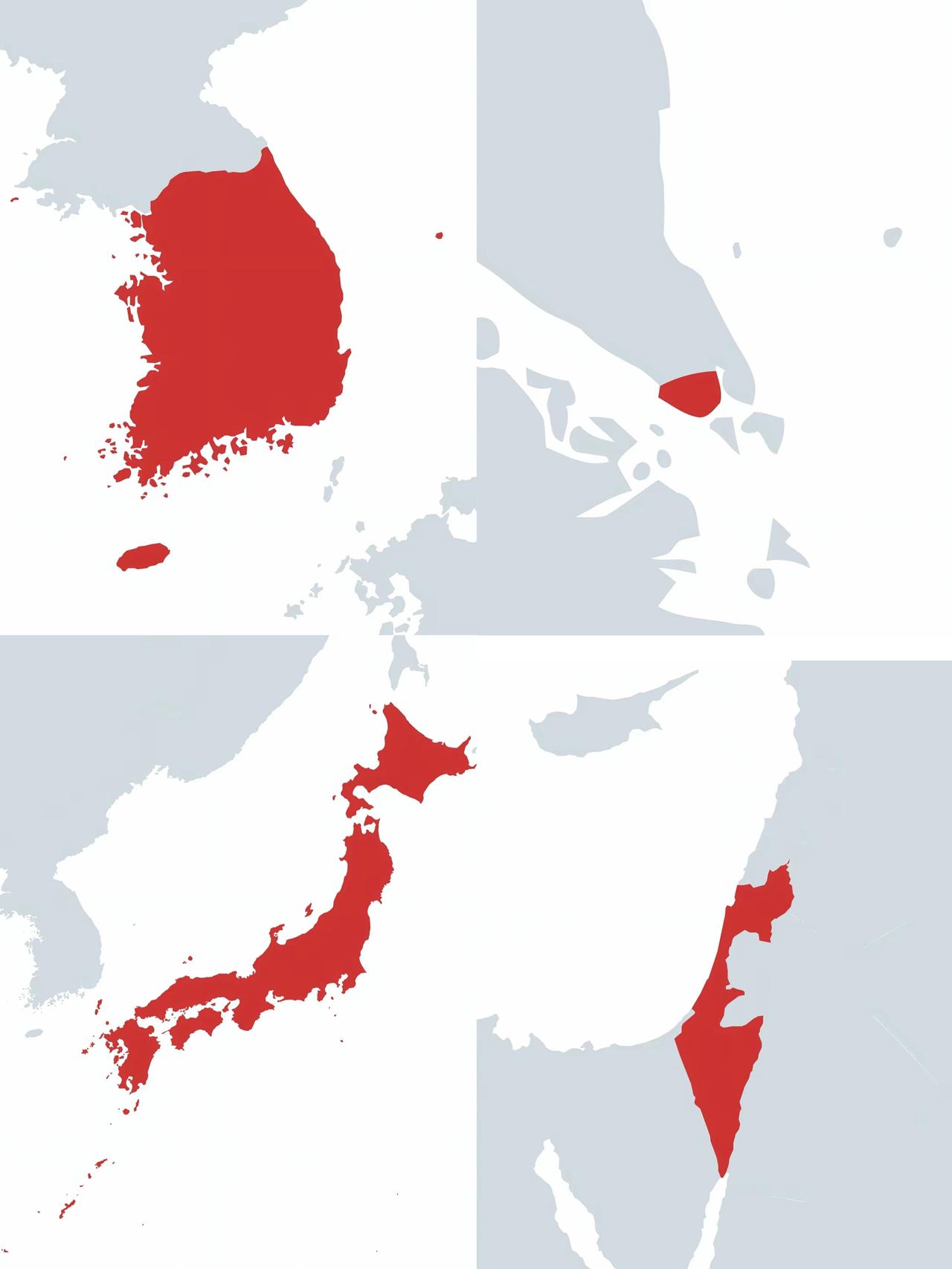这是一张用红颜色显示的四个亚洲国家的地图。
     这四个国家有三大共同特点。