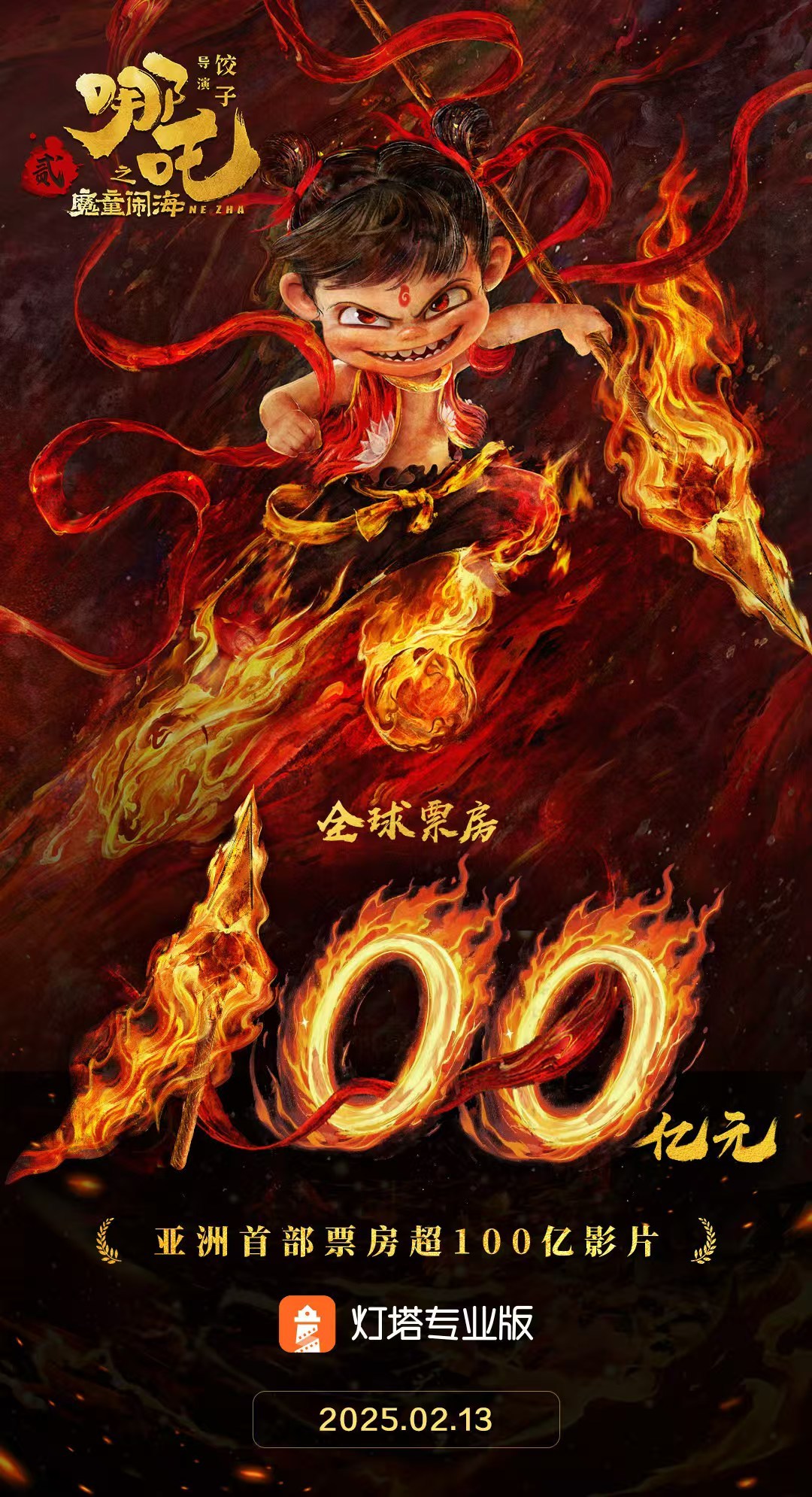 哪吒2全球票房突破100亿  创造历史！ 据灯塔专业版数据，《哪吒之魔童闹海》全