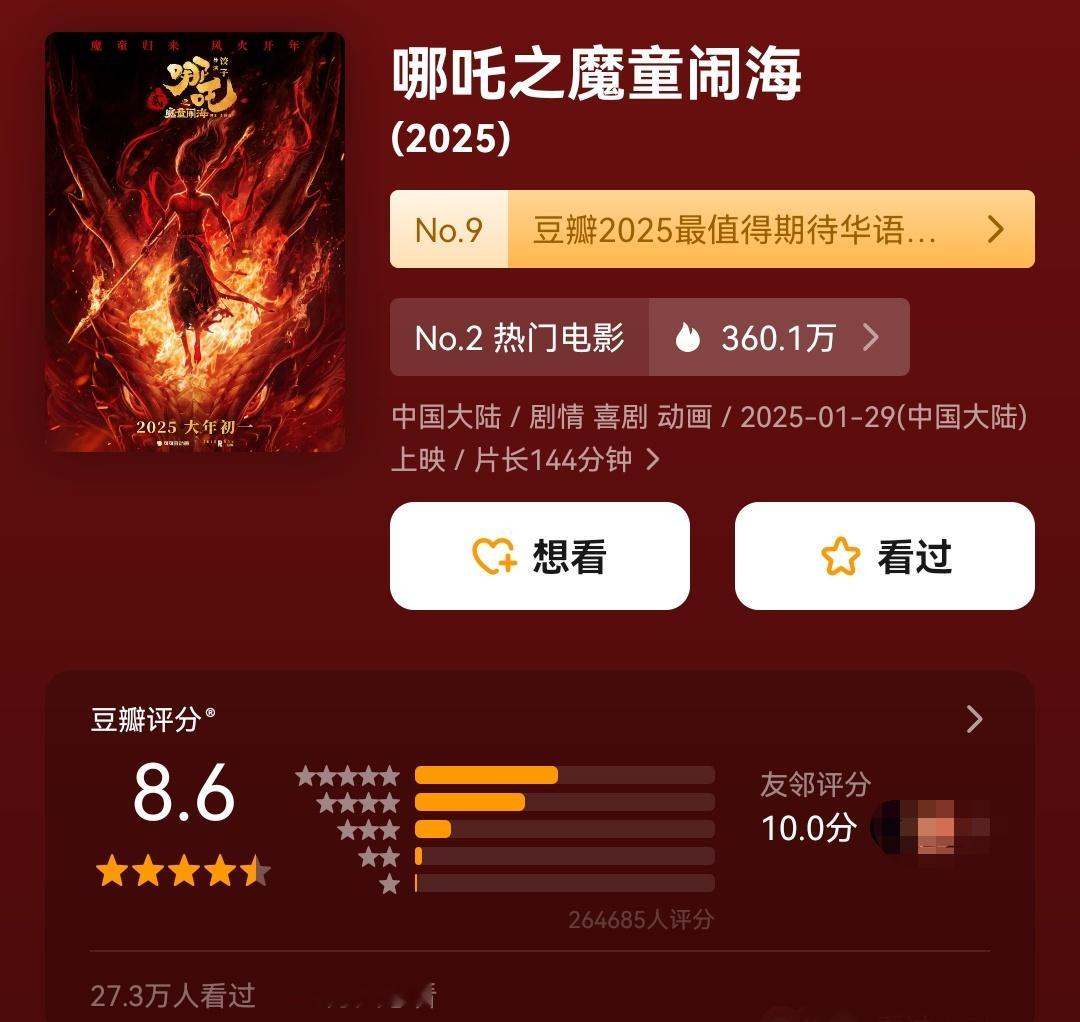 【 2025春节档电影口碑 】 哪吒2豆瓣8.6分 2025春节档已经有5部电影