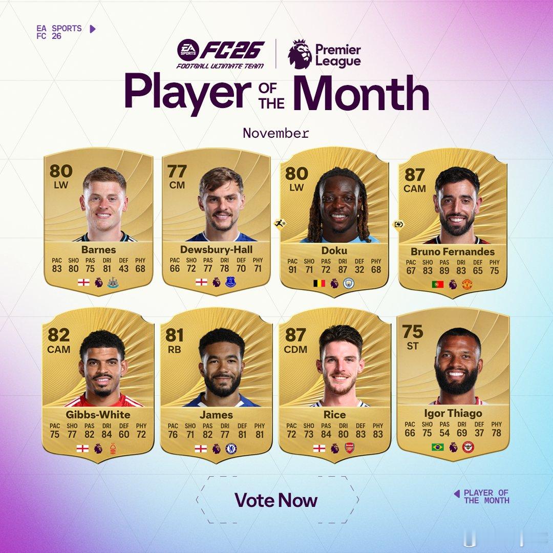 英超联赛十一月最佳球员候选公布。赖斯、里斯詹姆斯、多库、B费等人入选。FC26