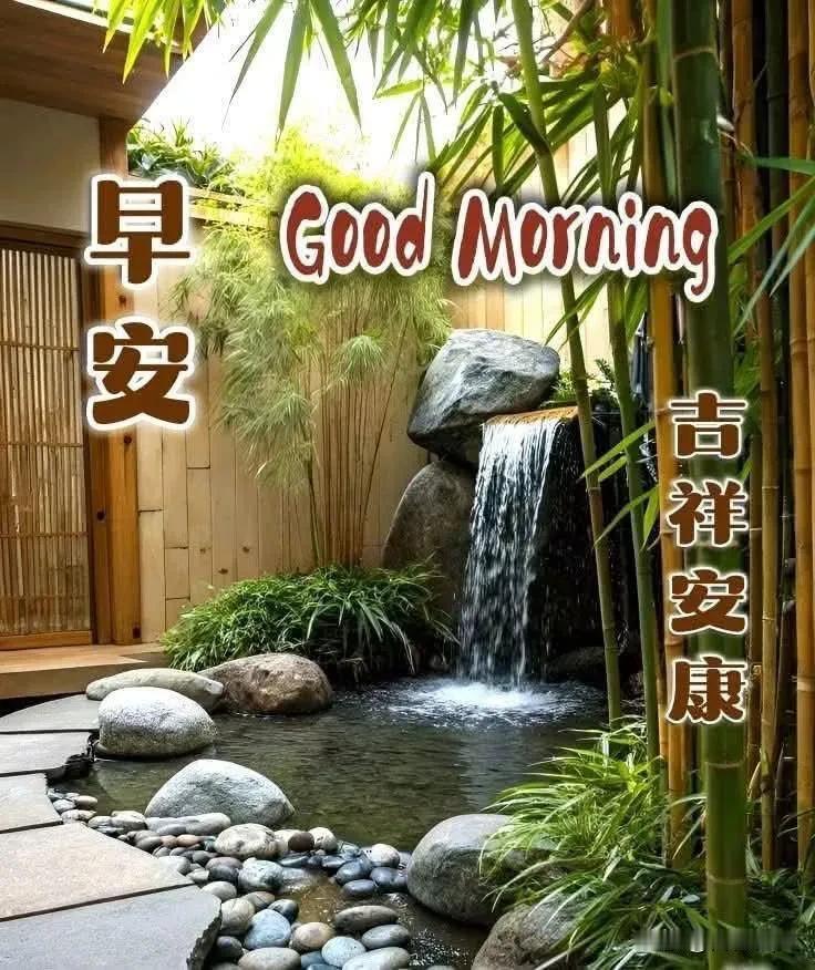 竹影伴清泉，清风送早安，愿吉祥安康。