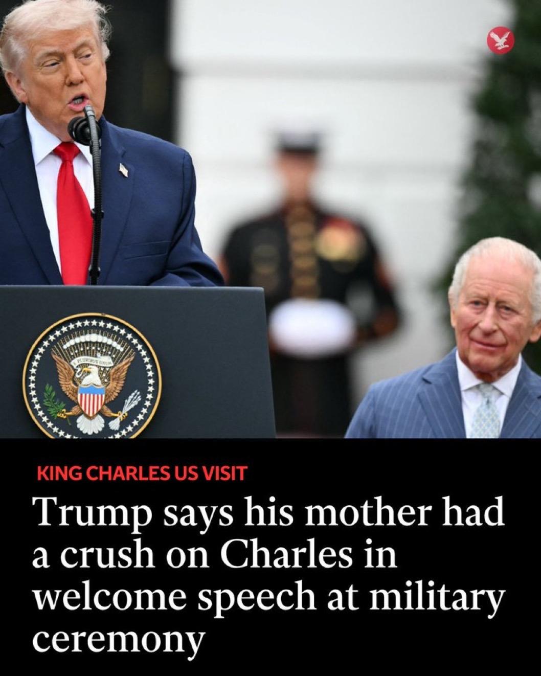 查尔斯三世国王在特朗普透露他母亲对英俊年轻王子（查尔斯）的迷恋后诡异的笑了一下[