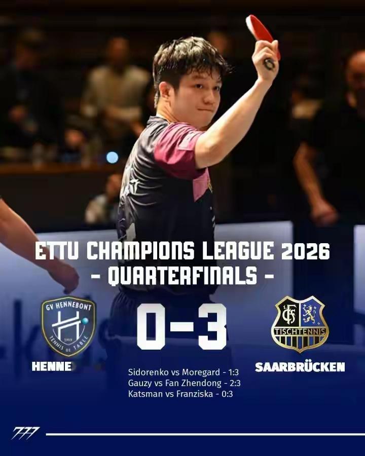 体育樊振东3比2高茨欧冠8强赛首回合，亨尼邦vs萨尔布吕肯，萨尔布吕肯3-0占得