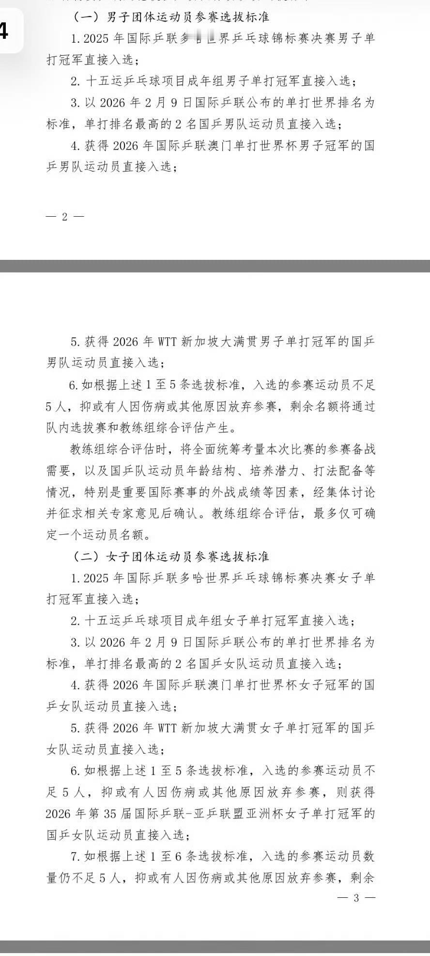 中国乒乓球协会关于公布《2026年国际乒联伦敦世界乒乓球团体锦标赛决赛选拔办法》