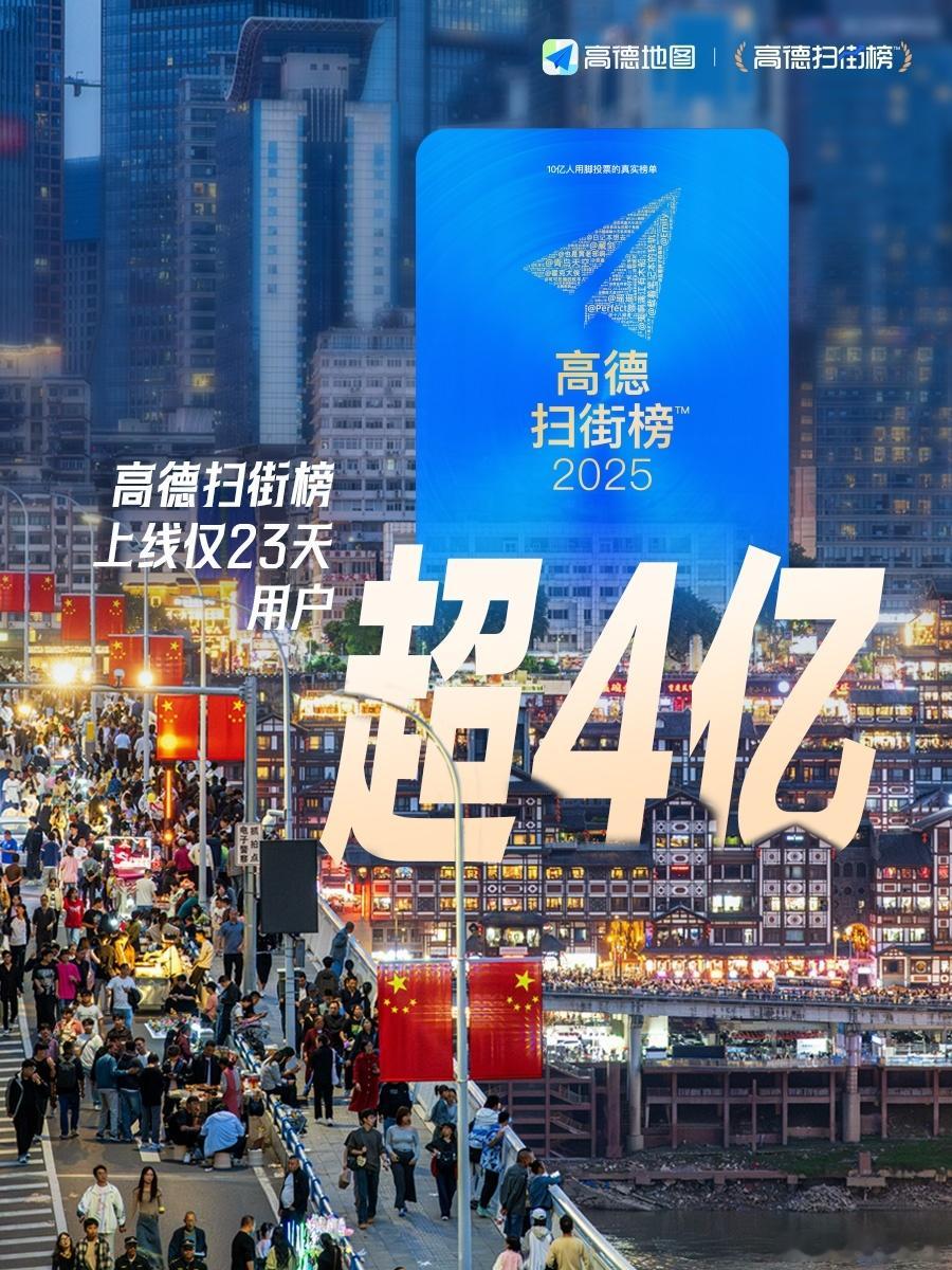 高德扫街榜用户超4亿还得是高德扫街榜啊，上线仅23天，累计用户超4亿。[good