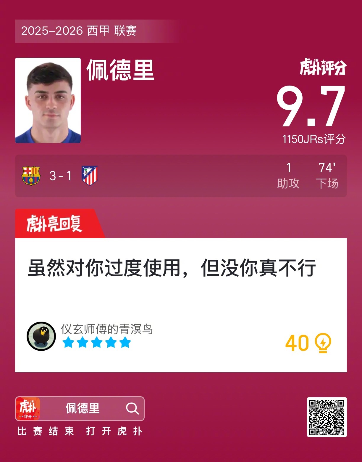 巴萨3比1马竞佩德里贡献一次助攻，赛后收获9.7的虎扑评分！ 