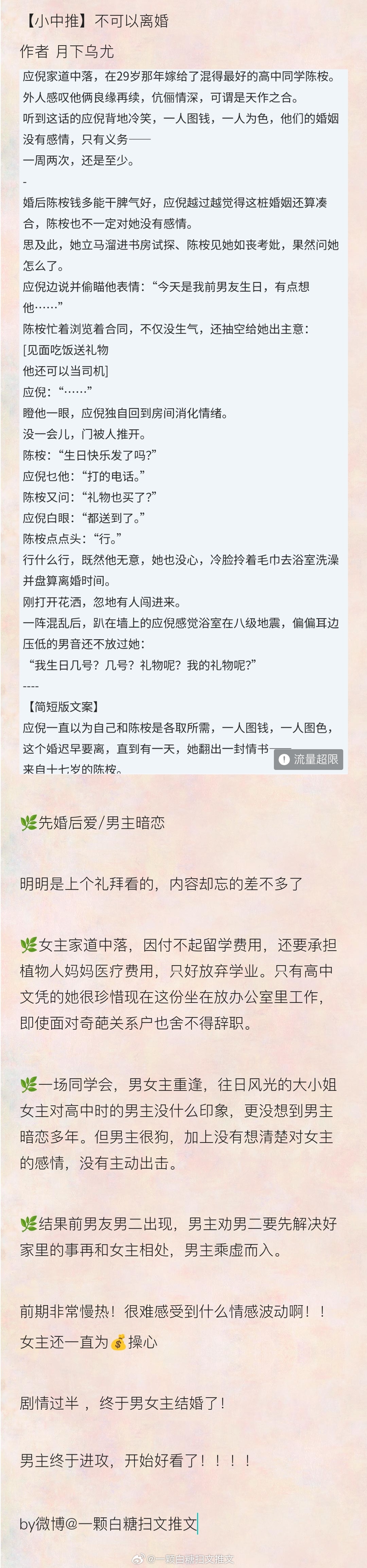 【小中推】 一颗书推文  不可以离婚  作者 月下乌尤🌿先婚后爱/男主暗恋明明