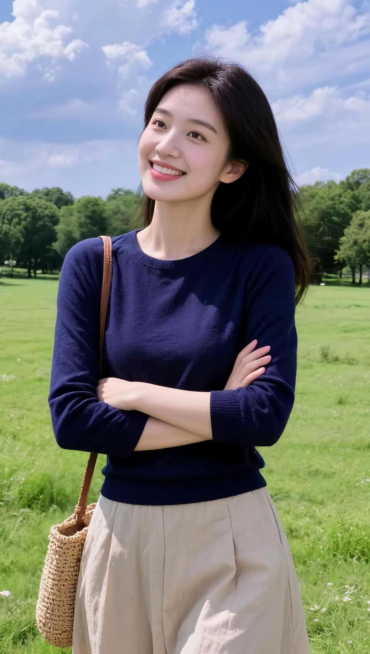 阳光明媚的午后，元气少女在绿意盎然的公园里微笑。🌞🌿😊