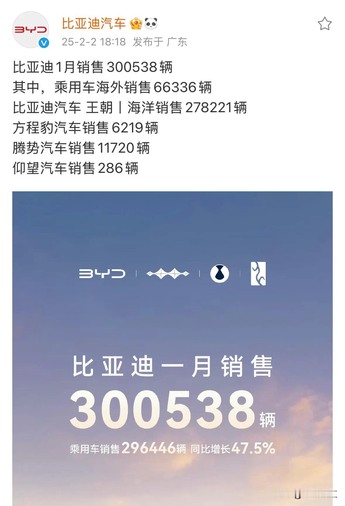 持续增长！比亚迪汽车1月销量公布：300538辆！