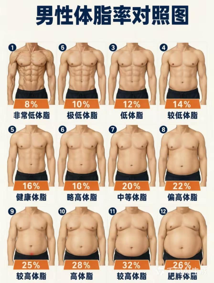 男性体脂率对照图（请收藏）健身科普 体脂率 科学增肌减脂 如何有效减脂降低体脂率