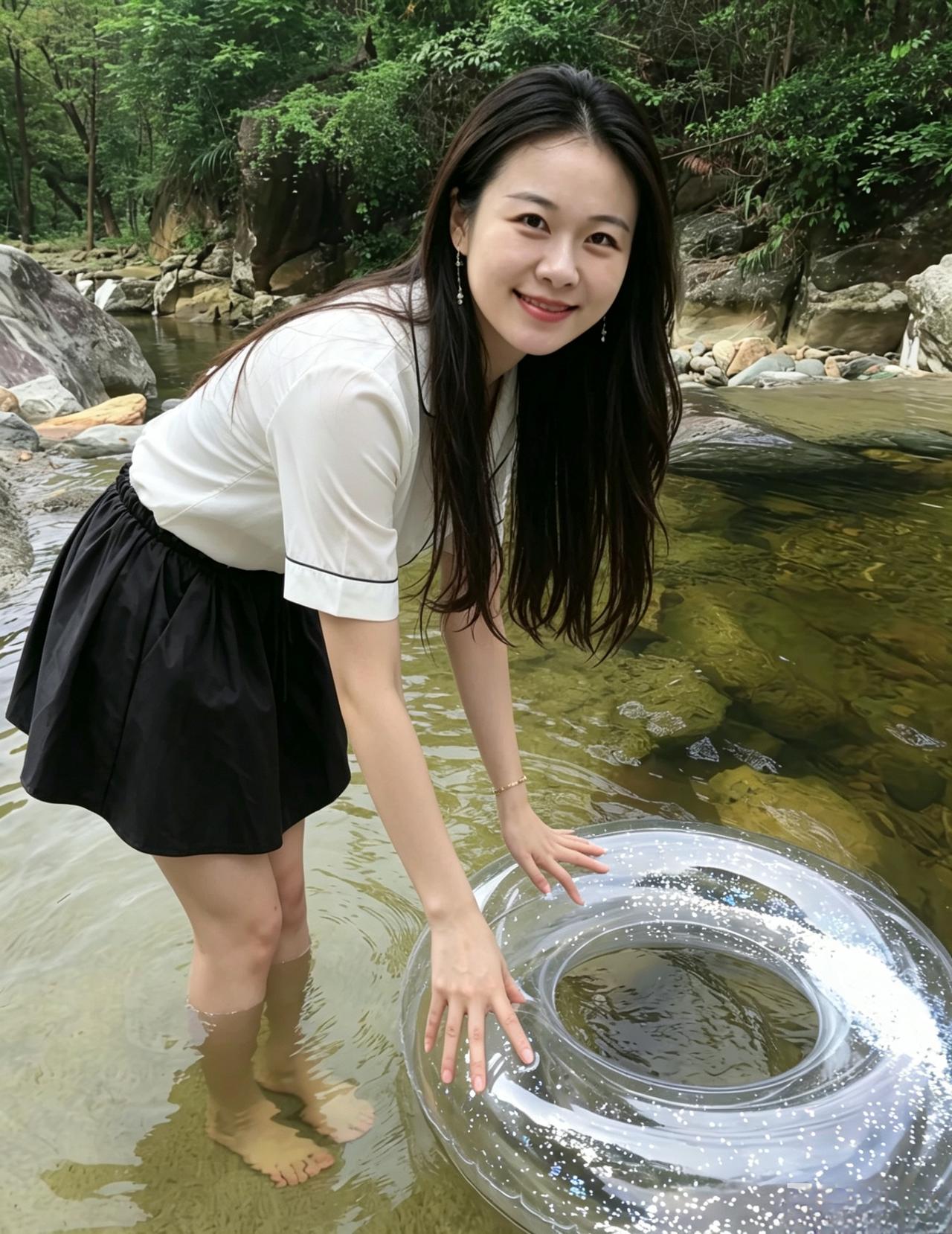 林深岚气绕，涧浅石生光。
巧笑眉如画，轻裙步似扬。
明眸含晓露，素袂带幽香。
山