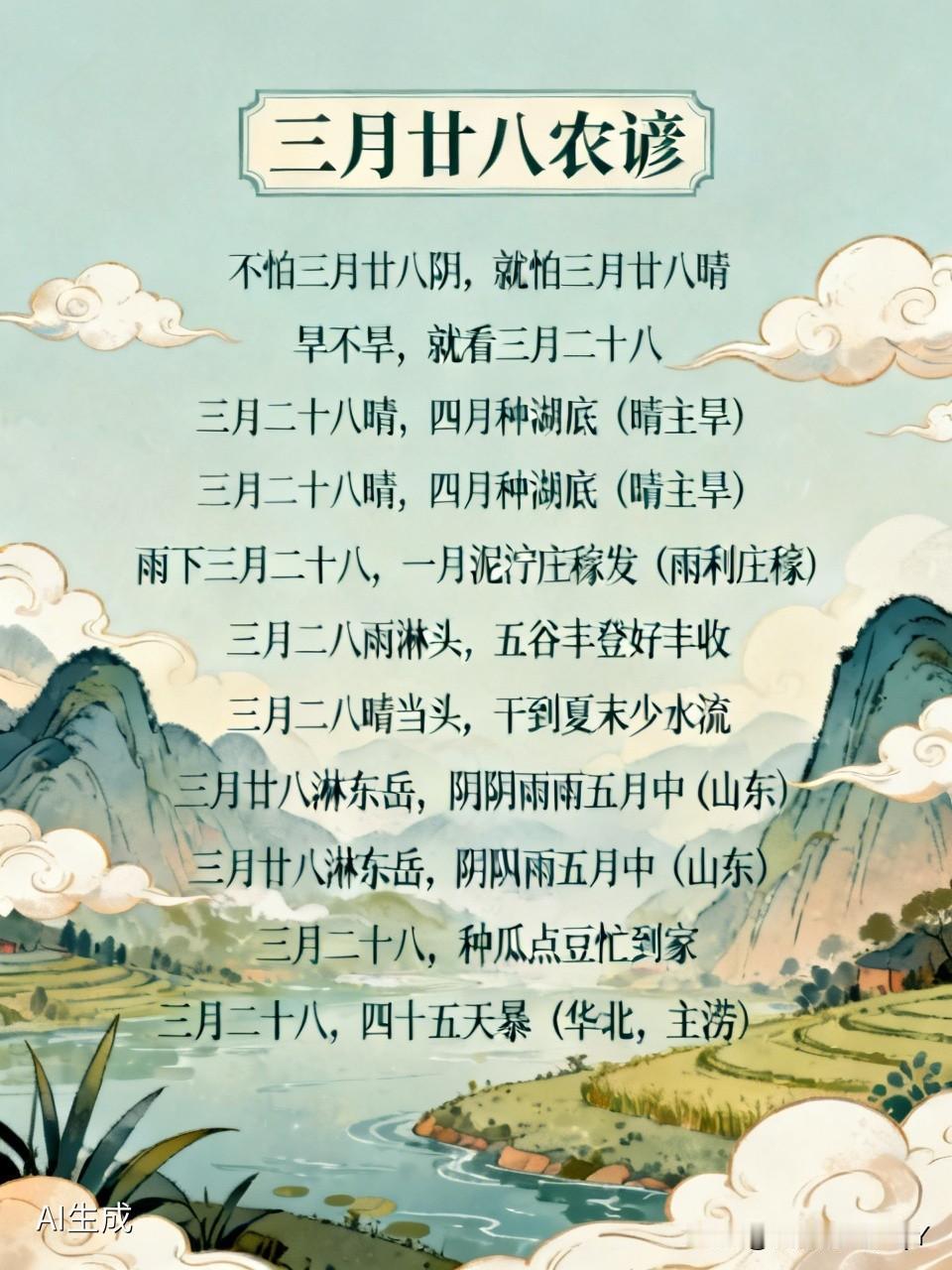 今天是三月二十八民间俗语有不怕三月廿八阴，只怕三月廿八晴
旱不旱，且看三月二十八