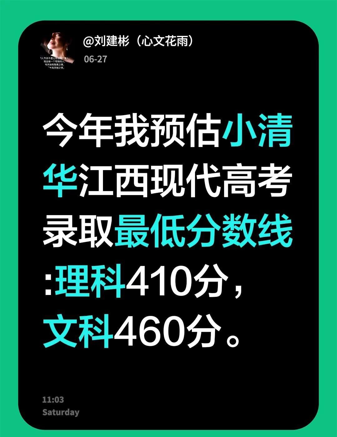 我评论了@江西现代职业技术学院 的作品：今年我预估小清华江西现代高考录取最低分数