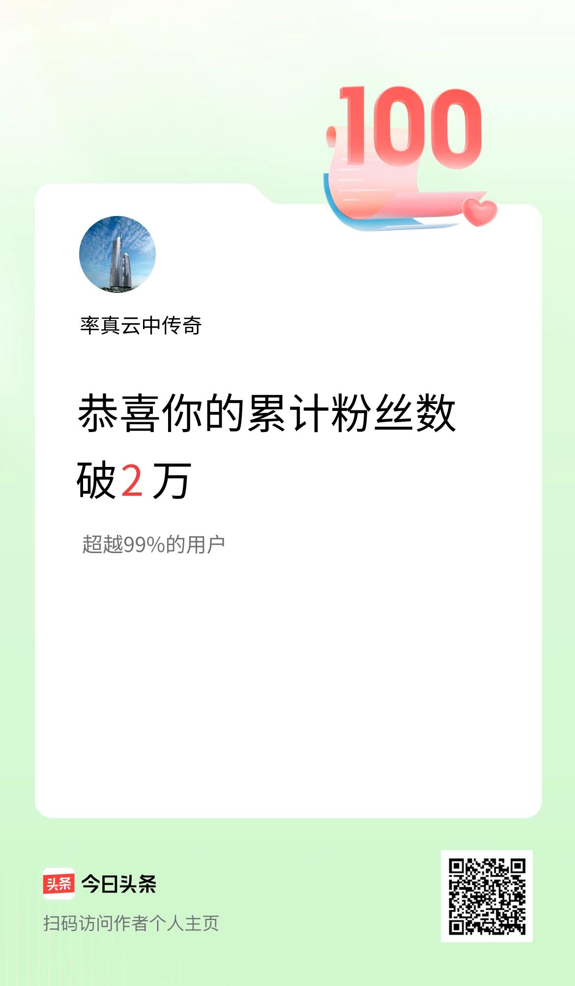 我在头条累计粉丝数破2万啦！