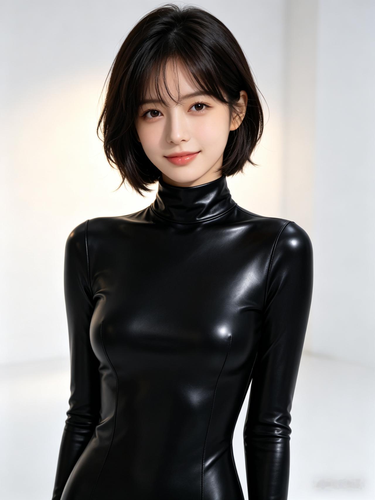 温柔少女中短发，身着高光亮面全包颈皮质连体衣，纯白渐变柔光棚景，柔和轮廓光凸显皮