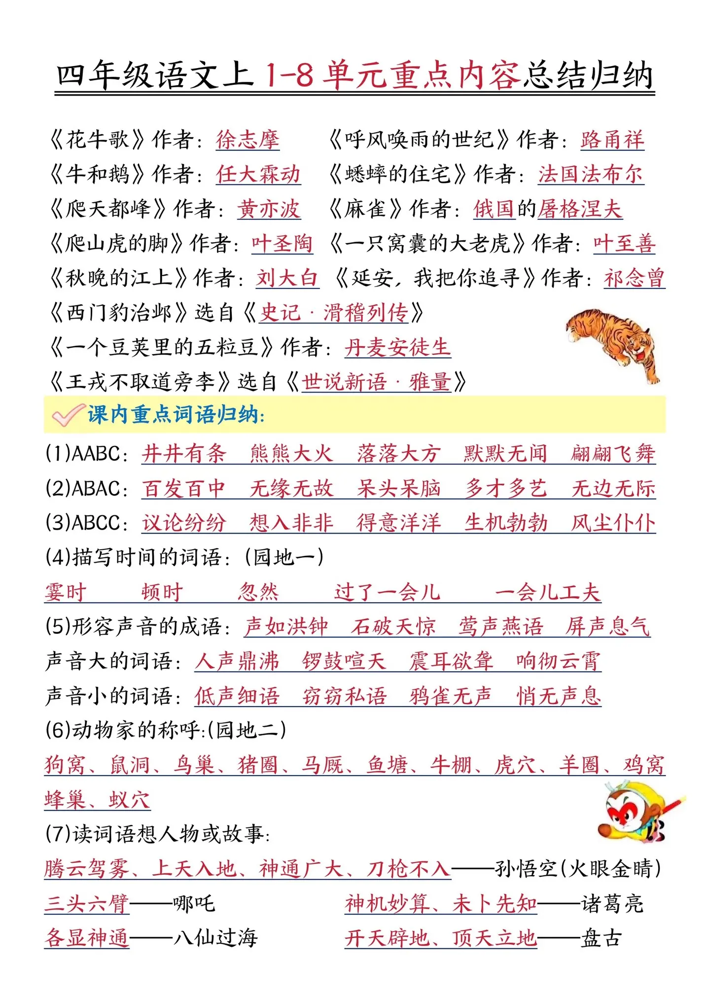 四年级上册语文1-8单元重点内容总结🔥。涵盖了全册课本的重要知识点汇...