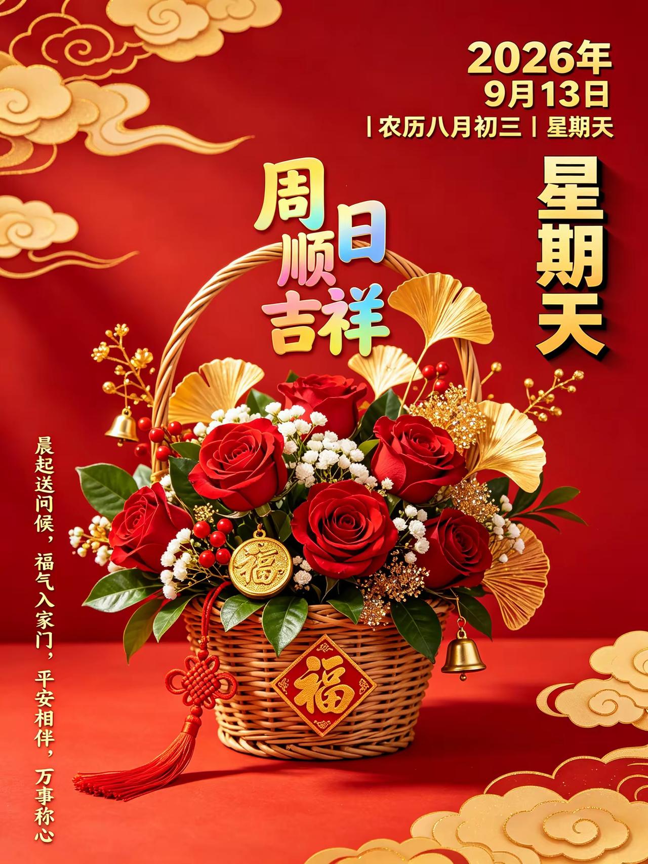 晨起一缕暖阳照，
周日清风轻轻绕。
隔屏问候送吉祥，
牵挂一直在心上。
愿你日日