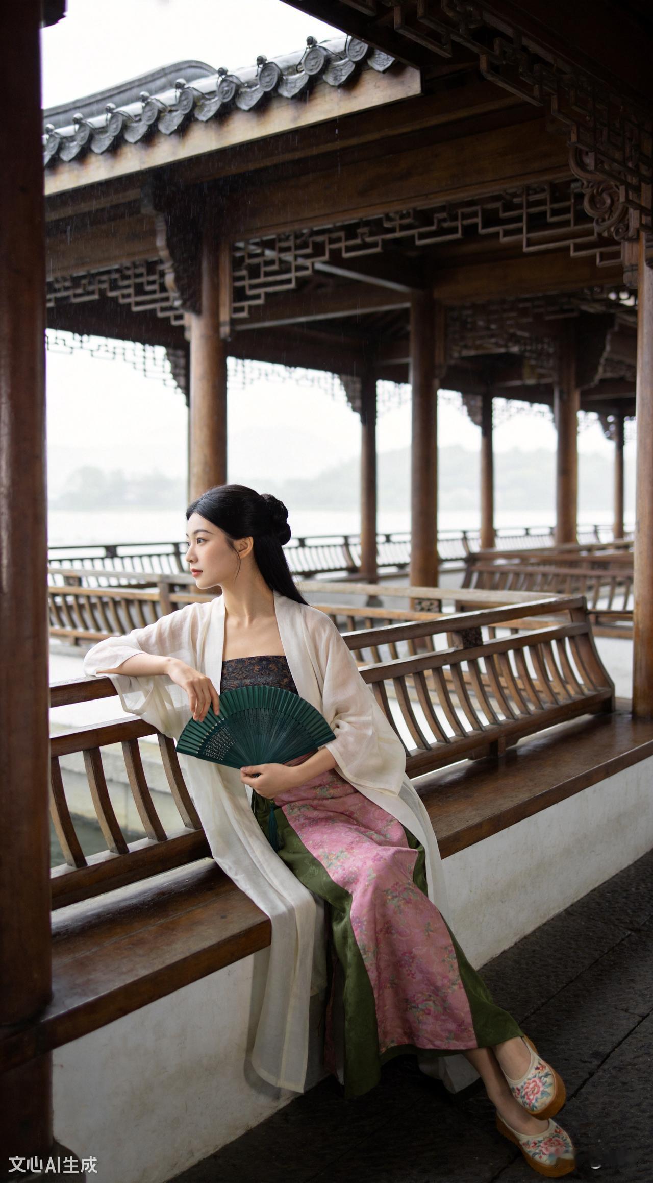 欢迎友友描述美景：
烟雨隔江望翠色，轻罗扇底藏春愁。