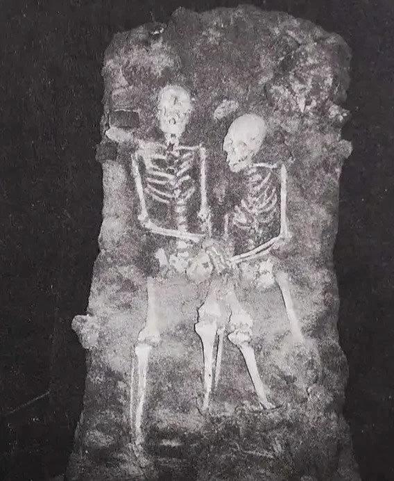 这两具遗骸，是在沈阳东华门施工时被挖掘出来的。分别为一男一女，被铁镣、手铐紧紧拴