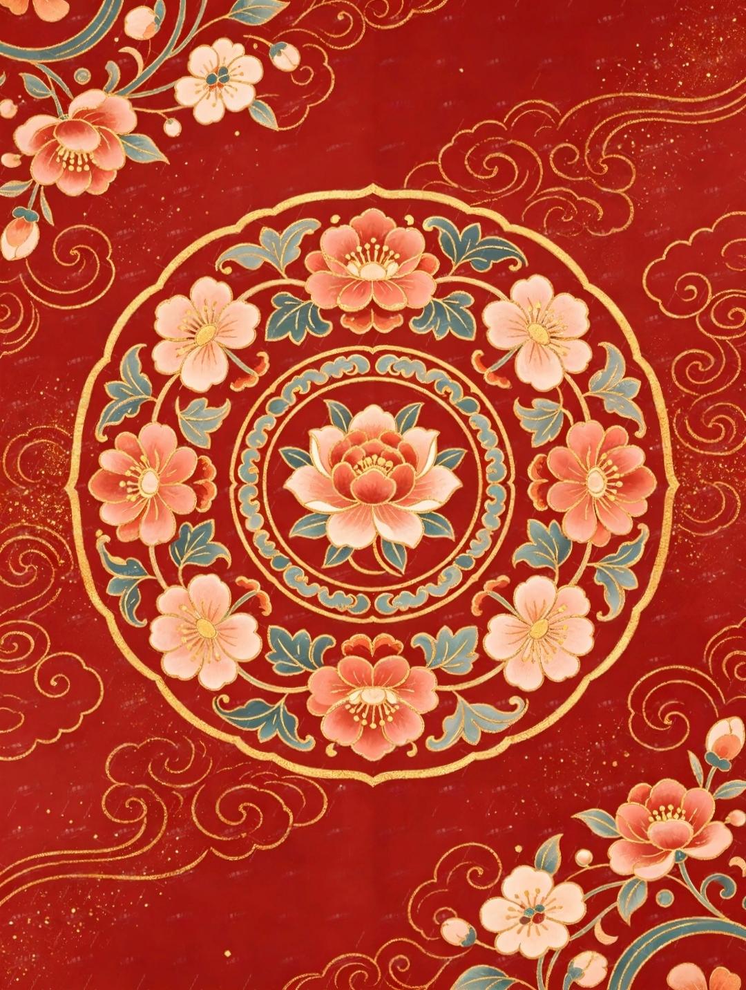 ​红底金纹映祥云，花开富贵寓佳音。这抹东方韵致，将福运吉祥悄然绘入卷中。传统文化