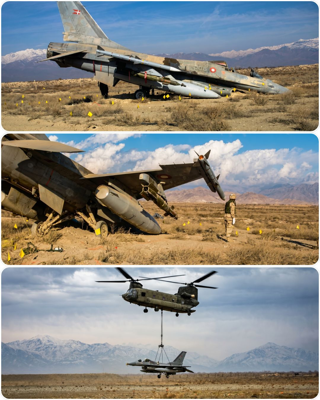 丹麦空军F-16在夜间降落中滑出跑道后，由CH-47吊装回收 