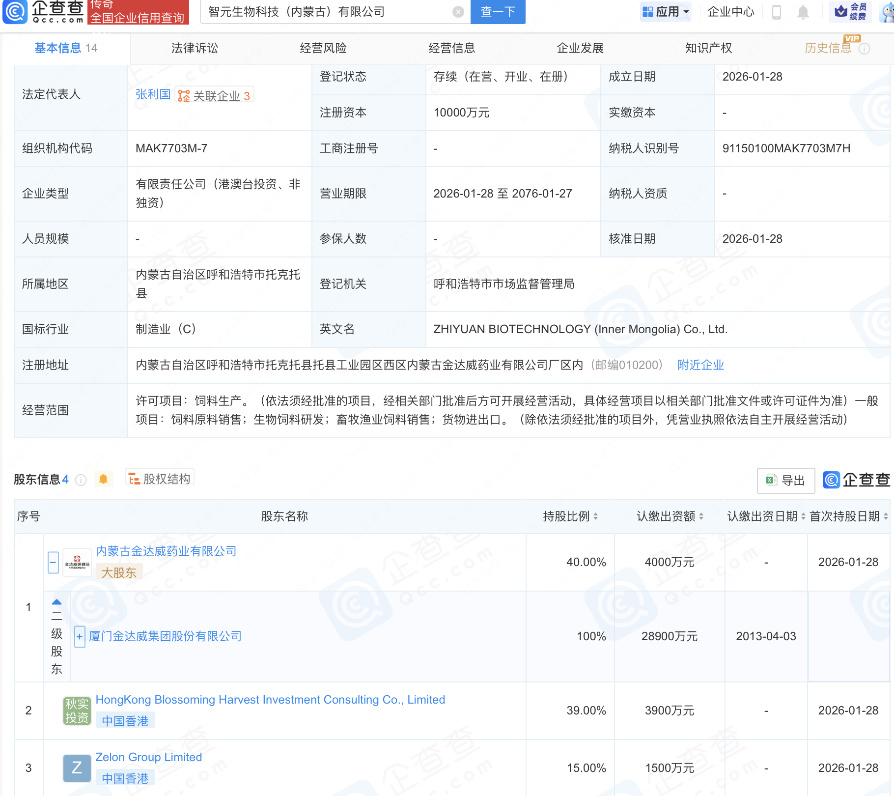 金达威等在内蒙古成立智元生物科技公司