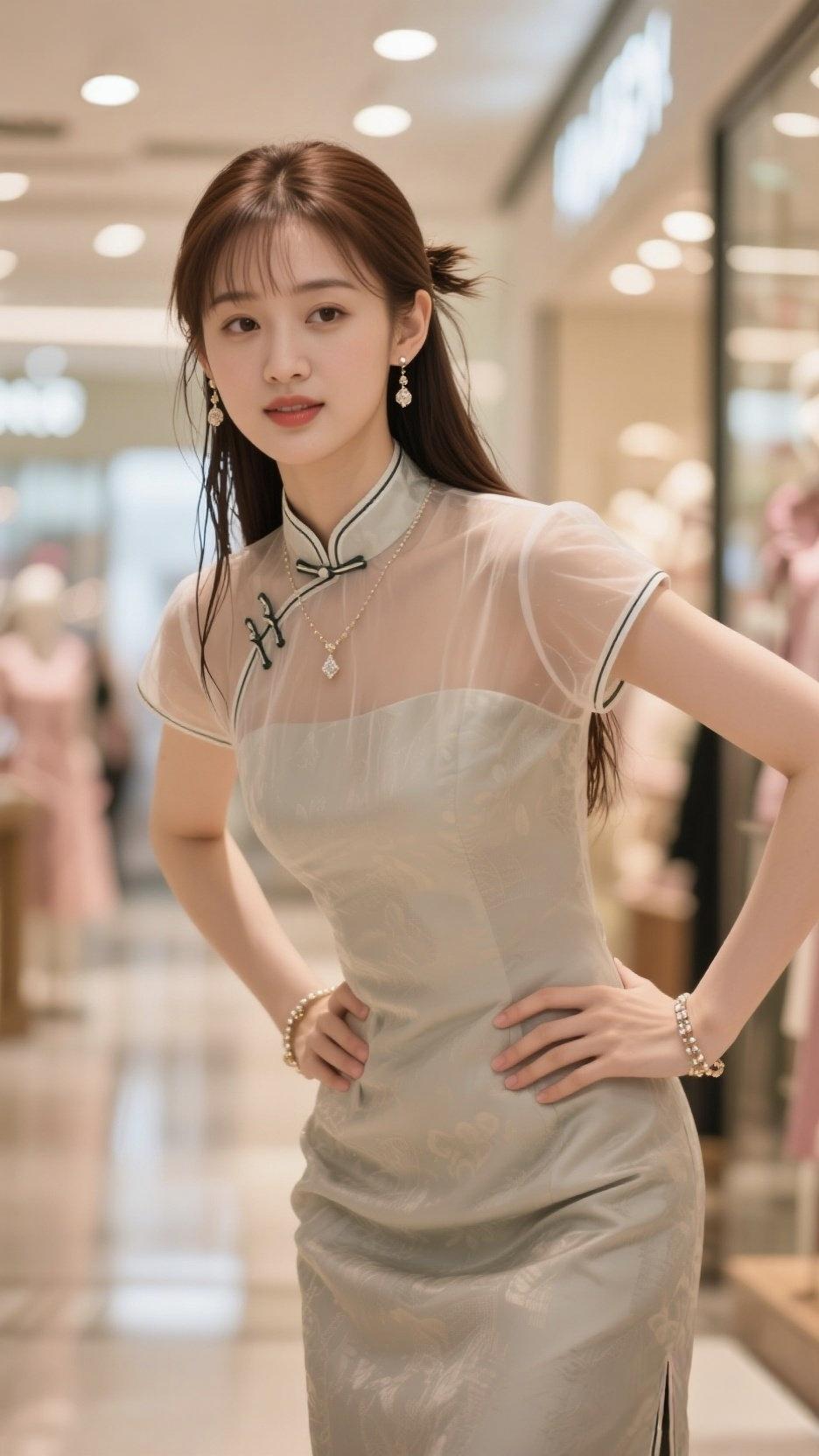 上联：一袭纱衣盘扣秀，尽显东方韵
下联：百般姿态笑眸盈，交融现世风