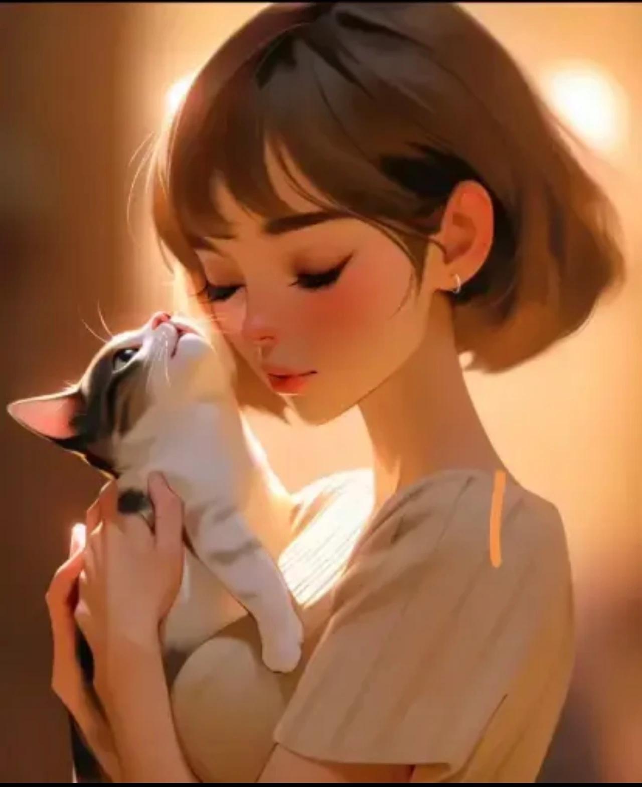 我爱自己的猫咪，如果图片中的人是我，我的猫咪也会这样跟我亲密