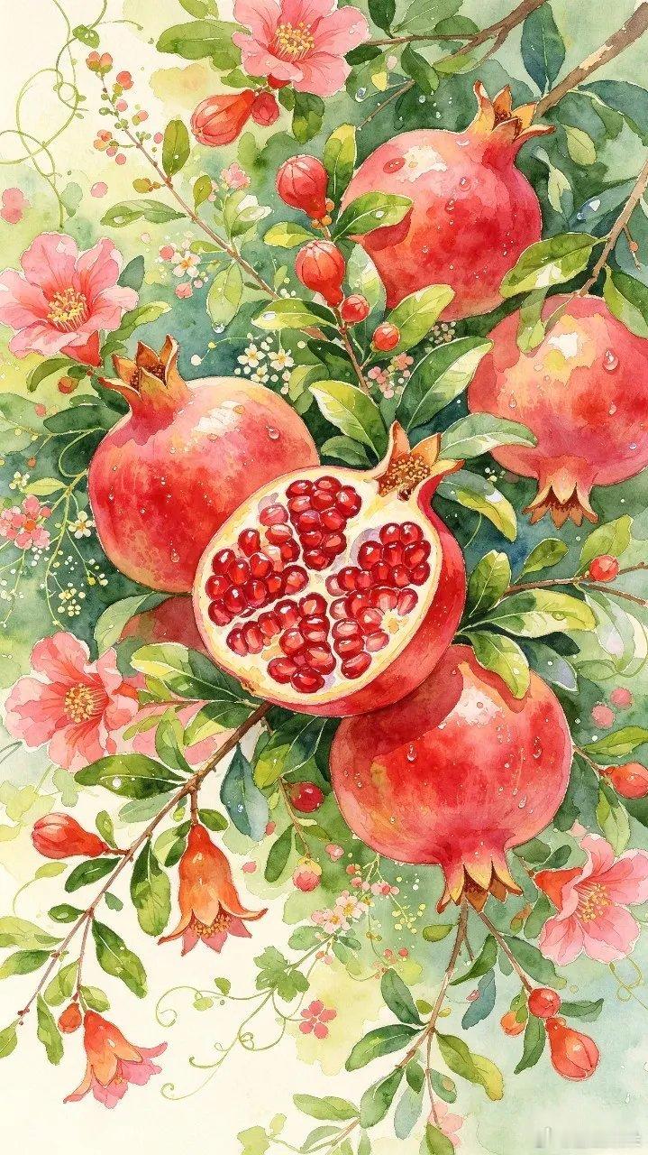 晶莹剔透石榴彩墨插画风壁纸～ 