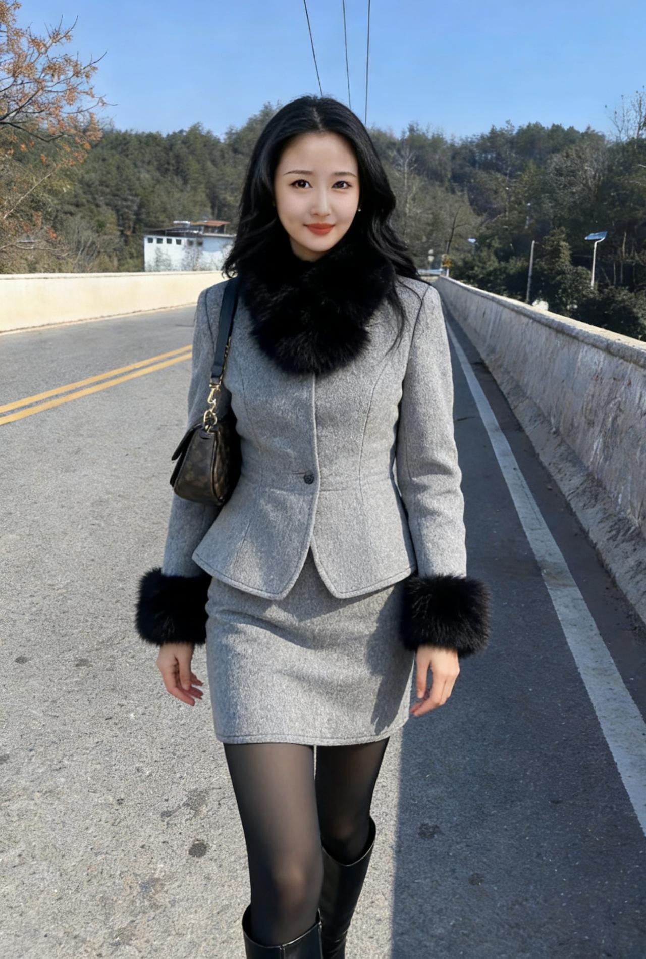 灰衣是冬日的蝶翼，
黑毛领是蝶翼上的绒边，
在桥上展开，掠过冷冽的风。
套装的剪