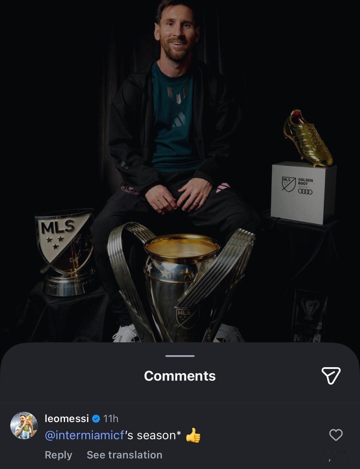 433ins晒图展示梅西完美表现，梅西英文回复：“属于迈阿密国际的赛季👍”梅西