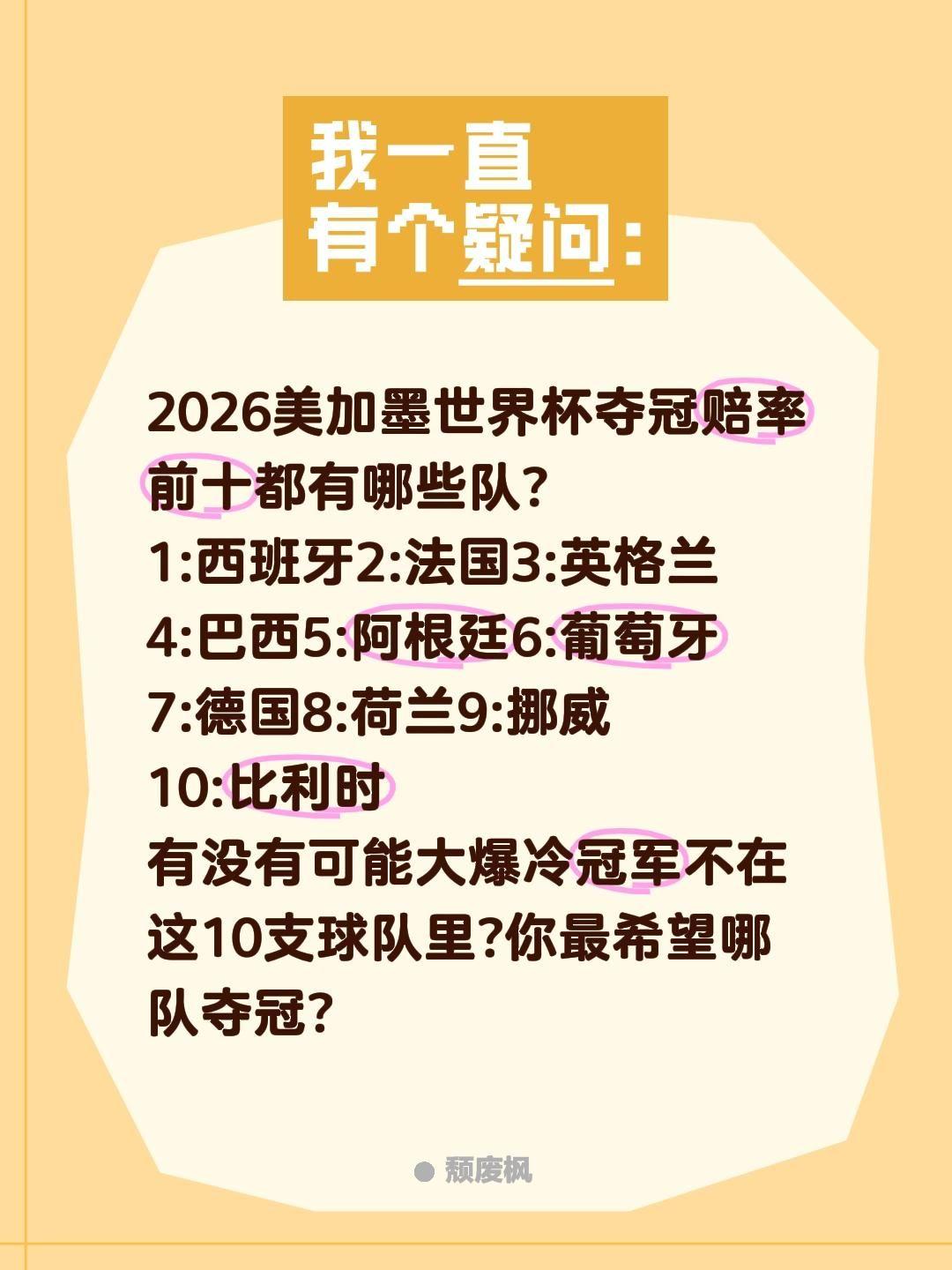 世界杯夺冠赔率前十有哪些队?2026美加墨世界杯夺冠赔率前十都有哪些队?
1:西