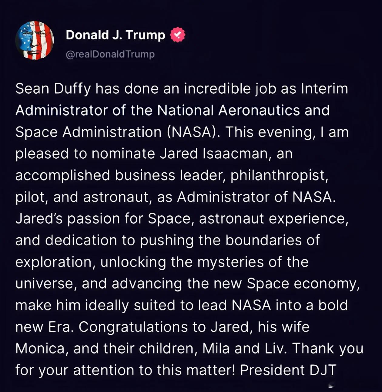 spacex[超话] 特朗普提名艾萨克曼为NASA局长，马斯克转发。 ​​​